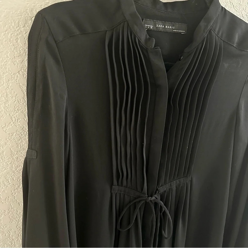 Zara black tie waist sheer long sleeve button down tunic dress shirt - Picture 4 of 8